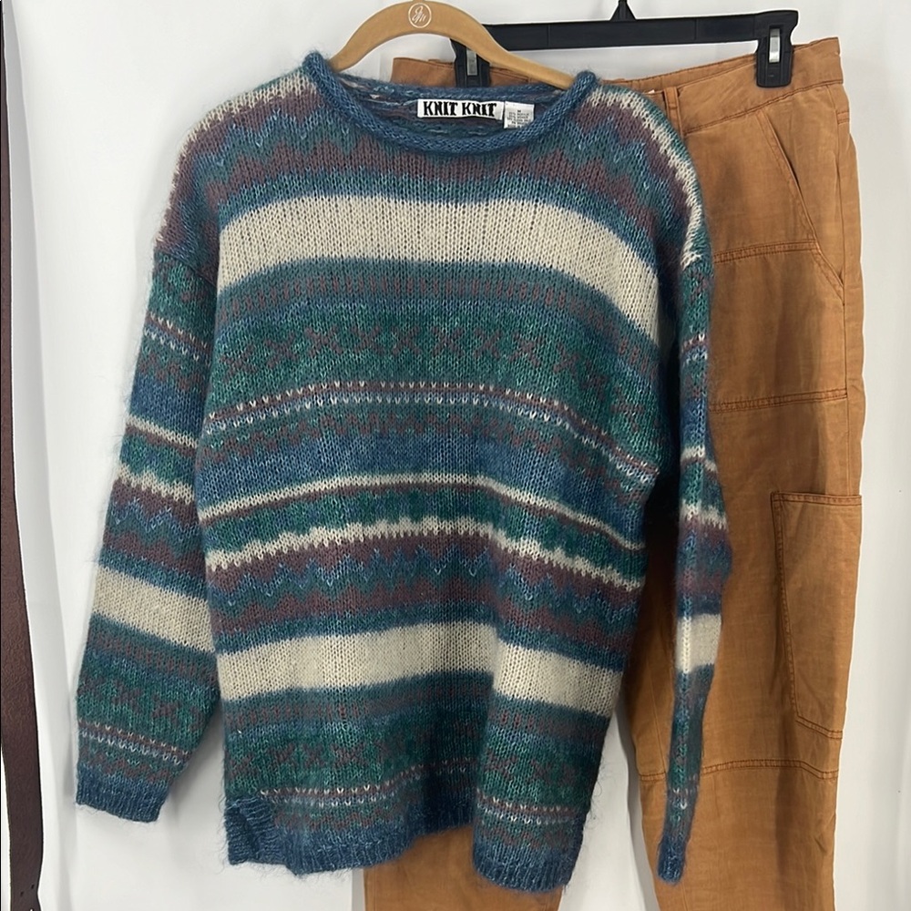 Knit knit vintage mohair Blue and pink  Striped Sweater M